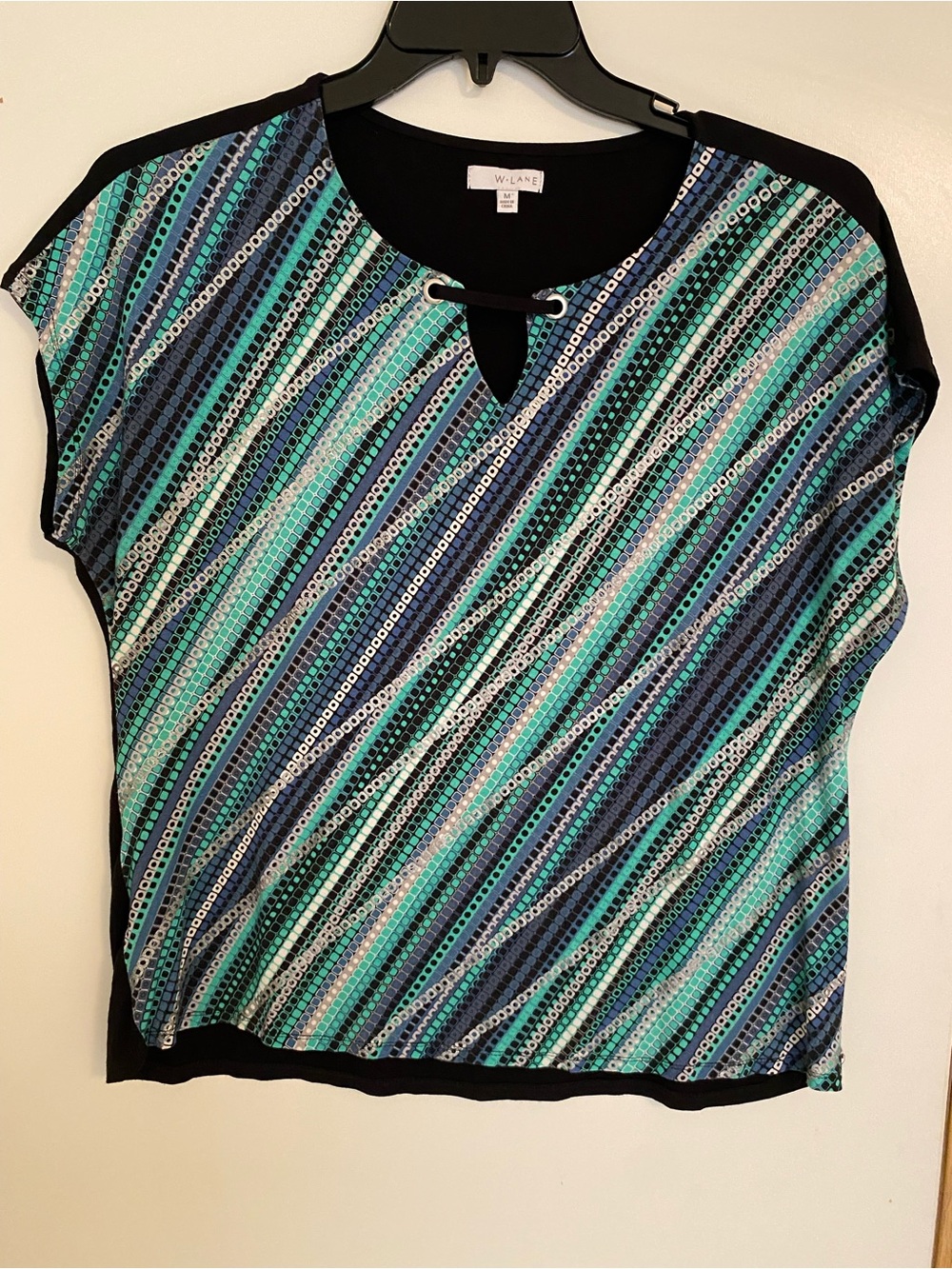 W Lane Teal & Navy Diagonal Print Keyhole Blouse